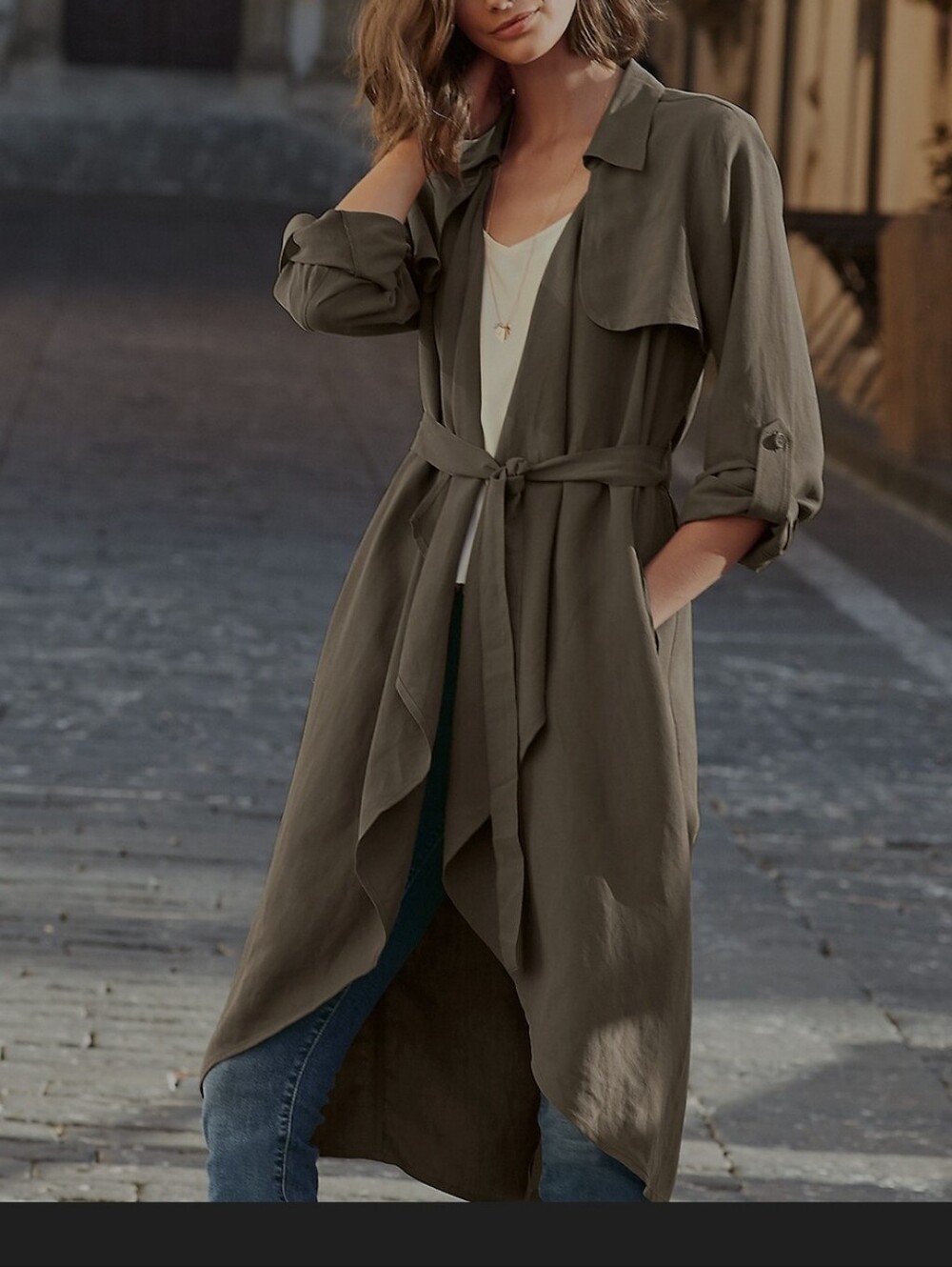 Garnet Hill Lightweight Draped-Front Long Topper Trench Style Size 12 Silk Linen